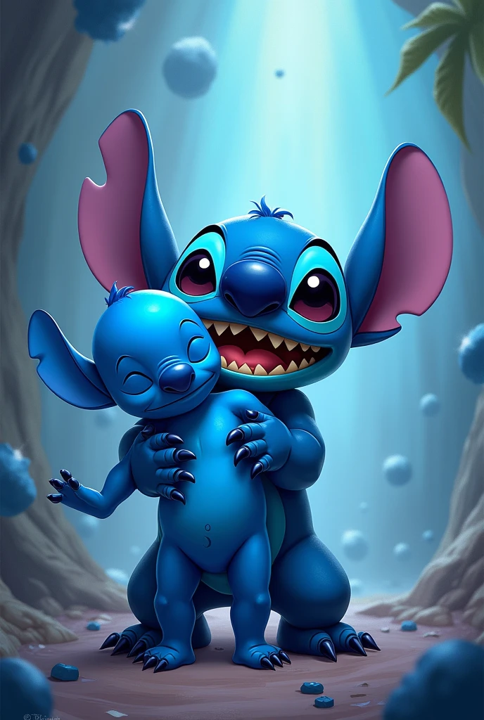 Stitch holding a man painted blue