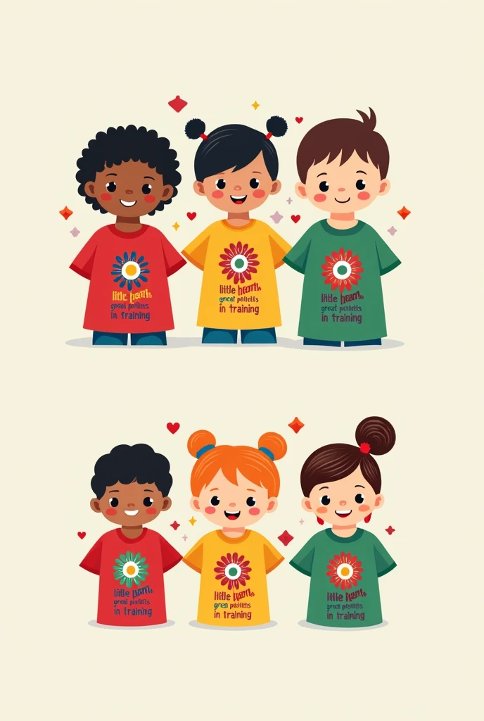 CREATE logos for preschoolers from 2 to  WITH RED T-SHIRT,   WITH YELLOW T-SHIRT WITH GREEN T-SHIRT with the motto"Little hearts, great patriots in training." with rosettes in the middle of the shirt in the color of the Paraguayan flag, red, White and blue.
