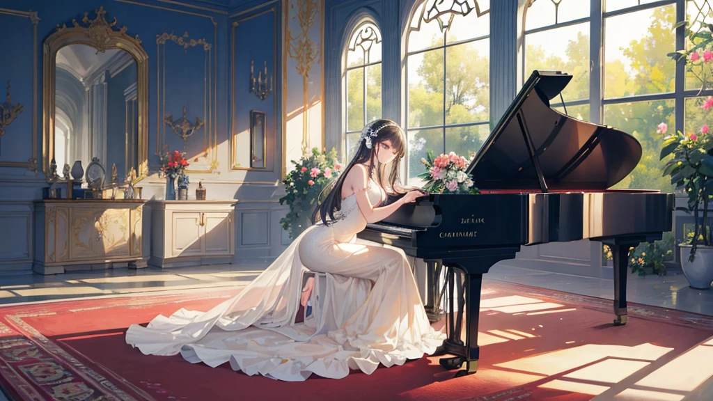 A high-resolution, high-definition masterpiece illustration of a woman sitting in a European-style room with beautiful classical music playing in the background. A large window overlooks a garden in full bloom and the gentle afternoon sun shines through. Dressed in an elegant gown, the woman sits at an antique piano and plays quietly. A beautiful vase of flowers sits on top of the piano, lending a sense of serenity and elegance to the room. Ultra-detailed, ultra-detailed, 4K, 8K, ((clearly drawn face)), (beautifully detailed eyes, ultra-detailed skin))

Translated with DeepL.com (free version)