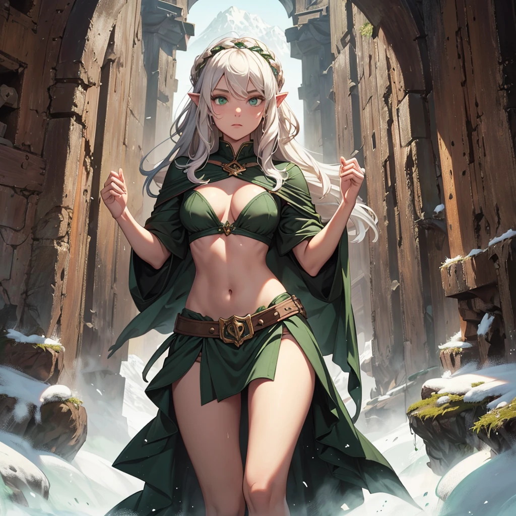 FULL BODY, perfect face, pretty face, elandrin, elf, 1girl, mountains, white hair, viking top braid, green eyes, leather, (skimpy low skirt), bare arms, (bare stomach), (bare pelvis) , bare arms, short brown cloak, dark, gritty