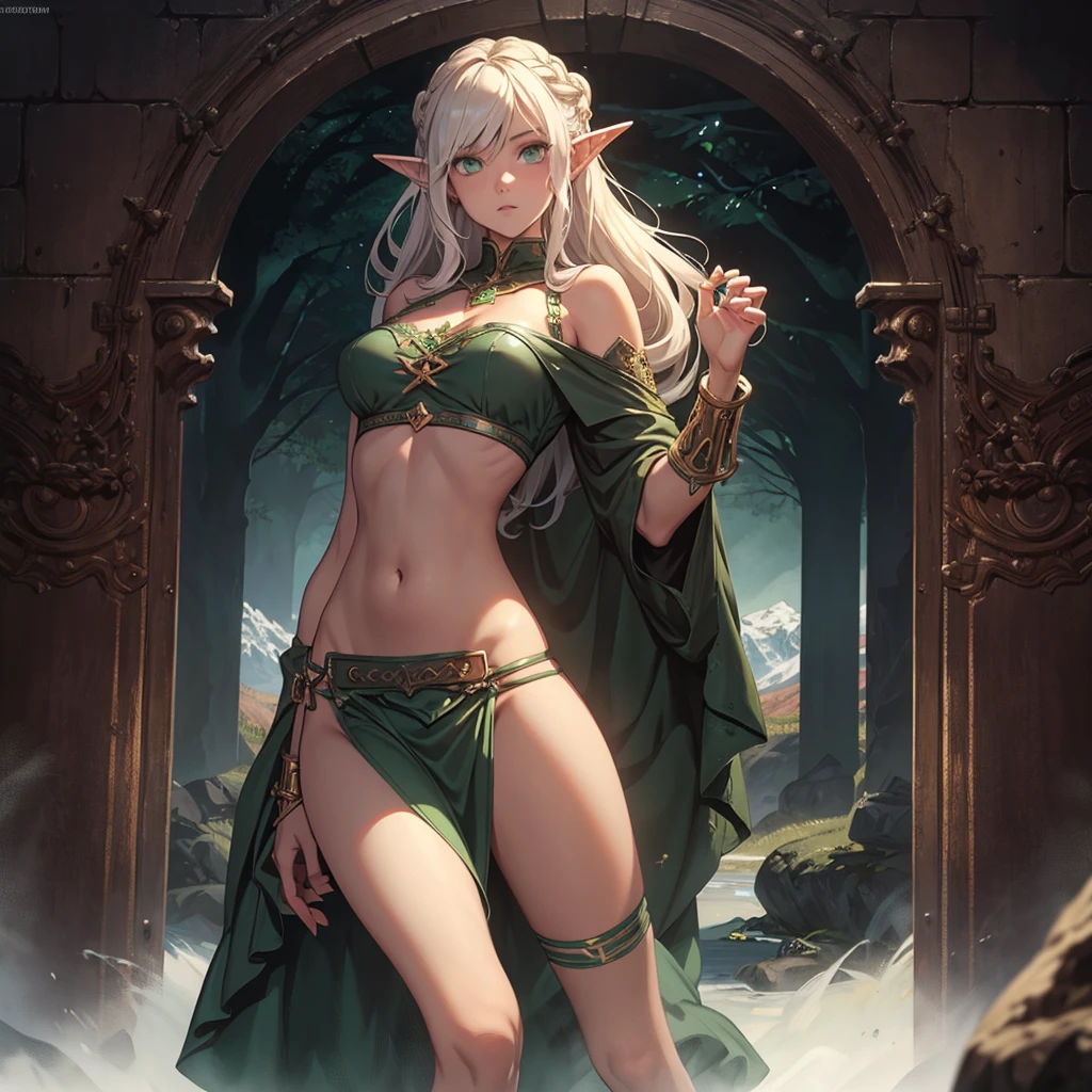 FULL BODY, perfect face, pretty face, elandrin, elf, 1girl, mountains, white hair, viking top braid, green eyes, leather, (skimpy low skirt), bare arms, (bare stomach),  (bare pelvis) , bare arms, short brown cloak, dark, gritty