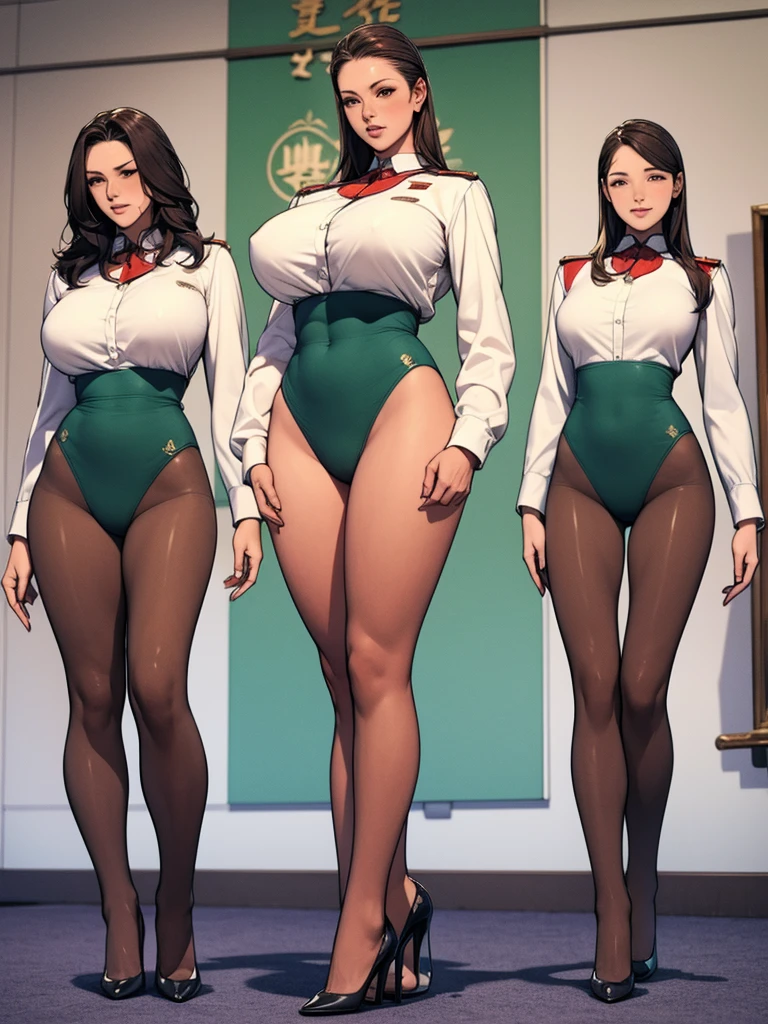 Conjoined naked asui with three heads, four big fake boobs, five legs and four shaved vaginas