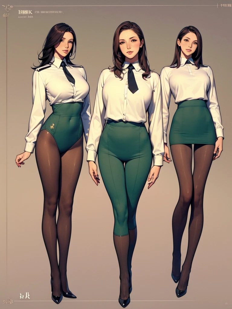 Full body picture:(masterpiece:1.2, best quality),(Very detailed),8K,wallpaper,Three women standing in a row,Full body picture,All wearing black pantyhose,Female Soldiers,military uniform,不同颜色的military uniform,织物纹理military uniform,leotard,Dark green tie,Tall figure,Long legs,muscular
