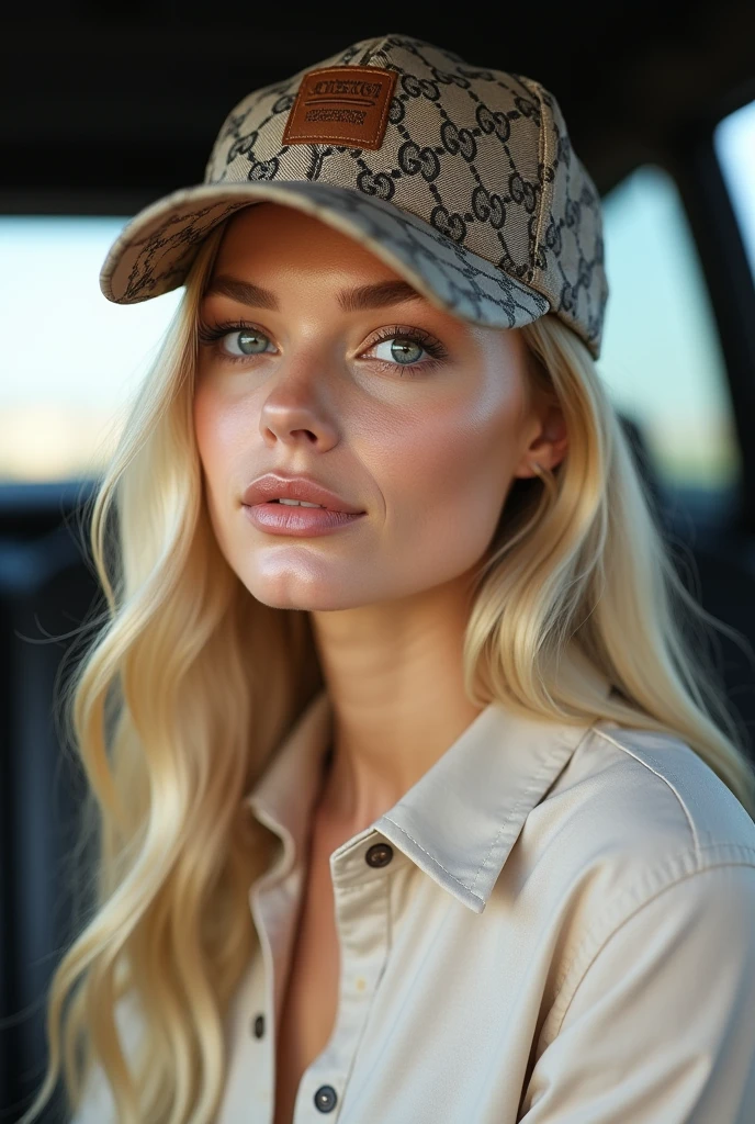 Margot Robbie, a 20-year-old with long straight blonde hair, shiny skin texture, delicate nude lips, light blue eyes, wearing a Gucci cap featuring the brand's signature pattern. She is wearing a light button-up blouse, and the background appears to be a vehicle. Her expression is confident, and the lighting highlights her features. The overall style conveys a vibe of fashion and sophistication.
