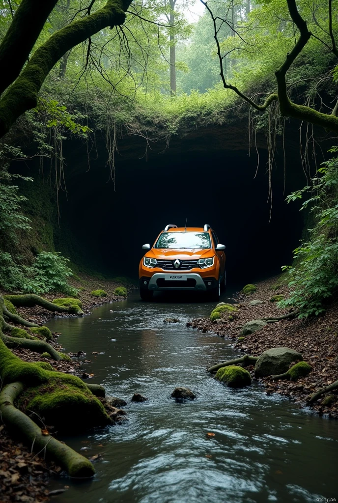 A stream with a barrier of branches. Beneath these branches a dark and mysterious passage.
Inside this dark passage a Renault Duster is coming out.