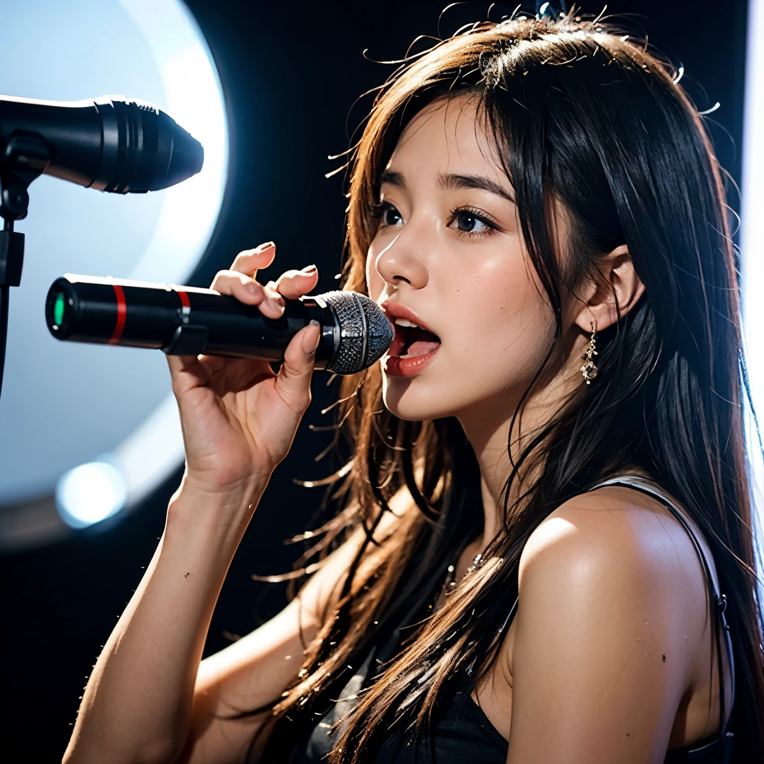 Beautiful young woman singing with a microphone