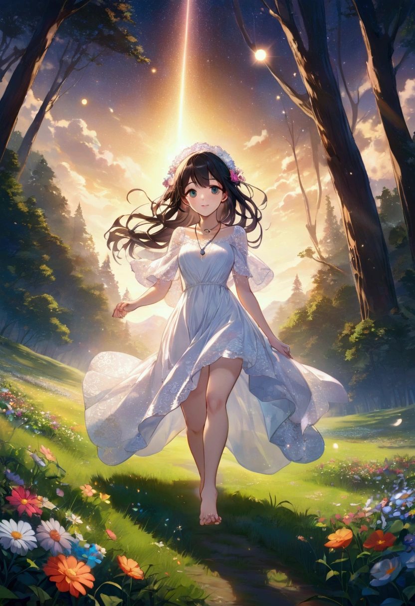 (masterpiece、Highest quality、8k、High resolution)、1 female、Beautiful eyes with slit length、Cute lips、Beautiful Nose、Brownish black hair、smile、(Best anime girl)、Green grassland with forest view、Walking,(Barefoot, flying, running, high, high),Colorful flowers blooming in the field,A bright night with the stars clearly visible、milky way、Mysterious light particles from the whole body、Colorful light particles、A mysterious light shining around your head、melt、jewelry、necklace、White lace dress、(Beautiful full body style)、Highly detailed anime art、A complete portrayal、