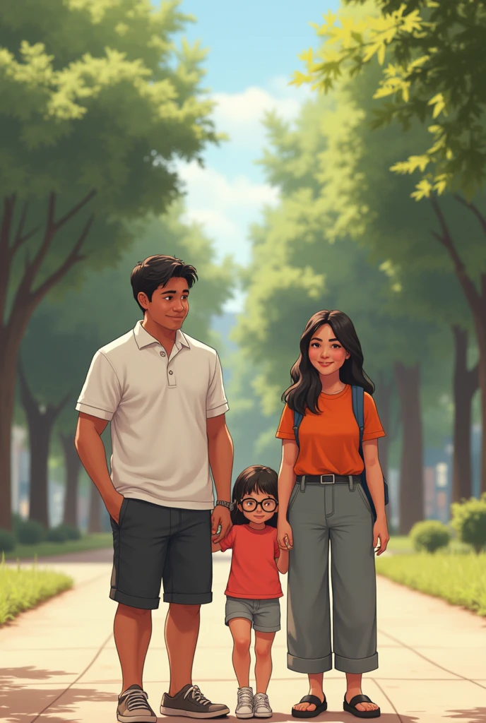 Create a man who has the following characteristics: 175cm tall, 85kg weight, short black hair, White polo shirt, At his side a woman 160cm tall, 55kg weight, by the wide, smooth and black. These people are Chilean. They also have 2 children., una niña de 6 años de edad con by the wide, Wavy, rose colored glasses, and the child is a little .