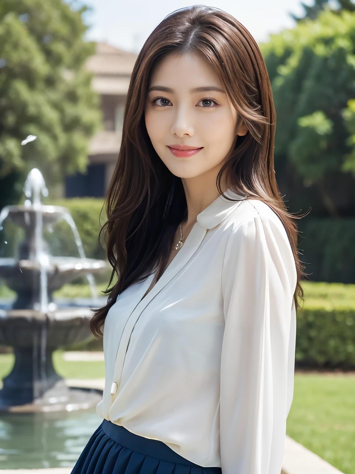 (Raw Photo), (Photorealistic), (Masterpiece), (Top Quality), High Resolution, 8K, (Exquisite Details), (Voluminous Light), Portrait, Woman, Medium Straight Hair, Layered Hair, Reddish Brown Hair, Very Thin Eyes, Source Order, Very Thin Eyebrows, Normal chest, Very Thin Skin, Thin Mouth,Very Thin Nose, Idol-Like, Happy Smile, 2, (Thick Lips), (Looking at the Viewer), (Elegant White Blouse, Navy Blue normal Skirt), Waist Shot, background is a park with a fountain, (Random Body Orientation),