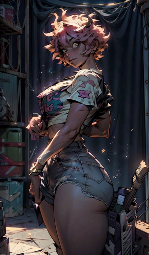 ((Masterpiece:1.5, best quality)), ((Mina Ashido from My Hero Academia)), beautiful face, (voluptuous), large_breast, ample hips, flaunting her incredibly detailed accentuated big booty, wearing cropped t-shirt and daisy dukes, thick_thighs, breathtaking detail, RAW photo color, cinematic lighting, 8k uhd, dslr, 