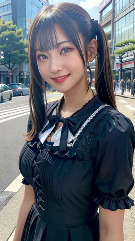 (Realistic:1.3), In detail, quality, Rembrandt Lighting, (Tabletop:1.2), (Realistic:1.2), (最高quality), (Detailed skin:1.3), (Complex詳細), dramatic, Ray Tracing, One Girl, Japanese girl, 、Big eyes、smile, Twin tails, Twin Loop Hair, Parted bangs, 2, Big ample breasts, Gothic Fashion、Short dress, Frills, race, ribbon, Complex, (in Tokyo street, Harajuku, sunny day), Browsing Caution,