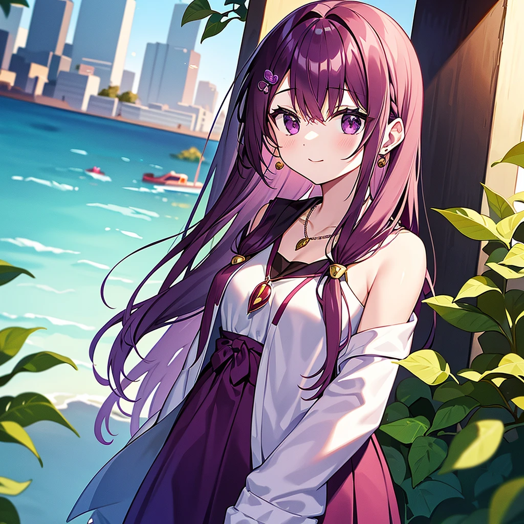 Grape girl, long hair, student, necklace, earrings, hair ornament