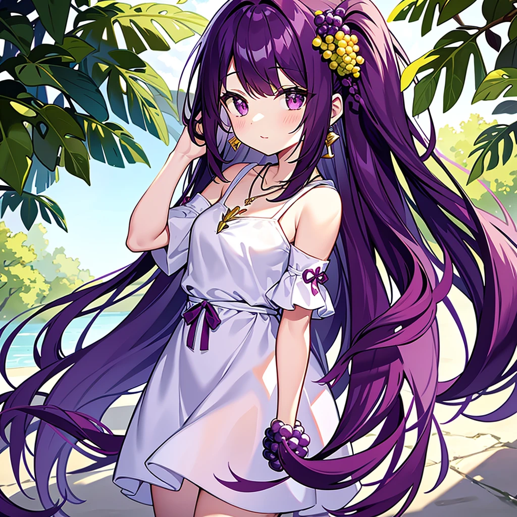 Grape girl, long hair, student, necklace, earrings, hair ornament