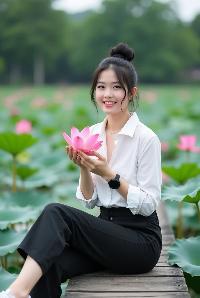 beautiful indonesian girl , berkulit white mulus, well-groomed face, Korean style black hair bun, ,kemeja white kotak-kotak hitam,black cargo pants, cool watch,
,, pose staring,smile,sitting while holding a lotus flower, in the middle of the bridge looks very long..,left right bridge lake very beautiful, there are red lotus flowers. Pink,,white, decorate the pool, The background is visible from a distance, the traditional cafes lined up on the edge of the lake are truly amazing.. Original photo ,Realistic