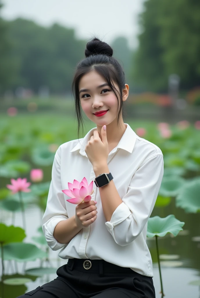beautiful indonesian girl , berkulit white mulus, well-groomed face, Korean style black hair bun, ,kemeja white kotak-kotak hitam,black cargo pants, cool watch,
,, pose staring,smile,sitting while holding a lotus flower, in the middle of the bridge looks very long..,left right bridge lake very beautiful, there are red lotus flowers. Pink,,white, decorate the pool, The background is visible from a distance, the traditional cafes lined up on the edge of the lake are truly amazing.. Original photo ,Realistic