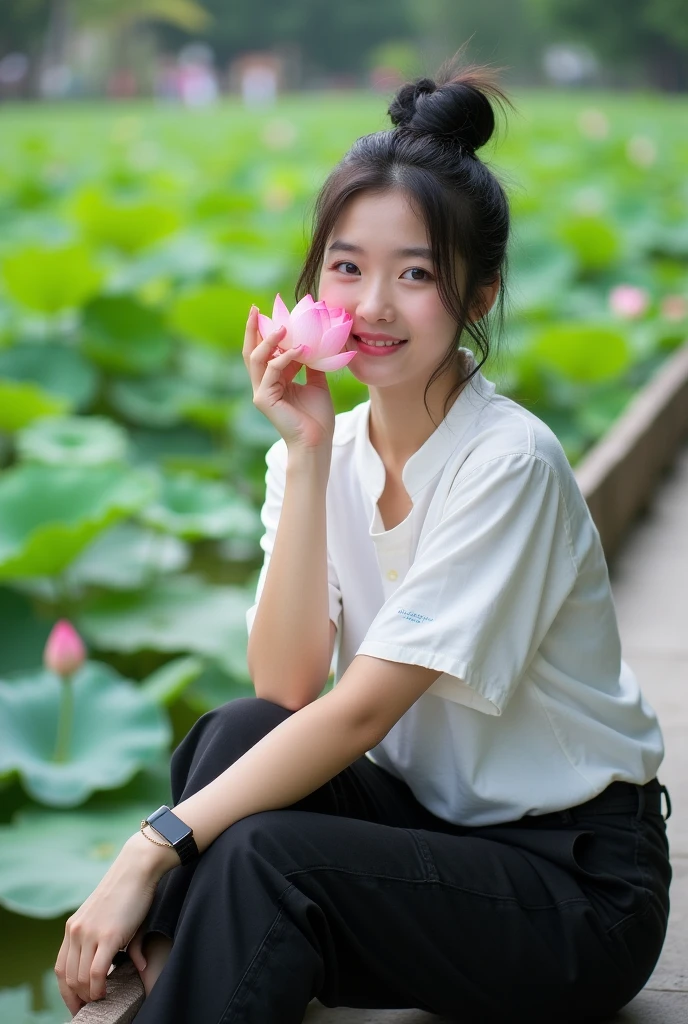 beautiful indonesian girl , berkulit white mulus, well-groomed face, Korean style black hair bun, ,kemeja white kotak-kotak hitam,black cargo pants, cool watch,
,, pose staring,smile,sitting while holding a lotus flower, in the middle of the bridge looks very long..,left right bridge lake very beautiful, there are red lotus flowers. Pink,,white, decorate the pool, The background is visible from a distance, the traditional cafes lined up on the edge of the lake are truly amazing.. Original photo ,Realistic
