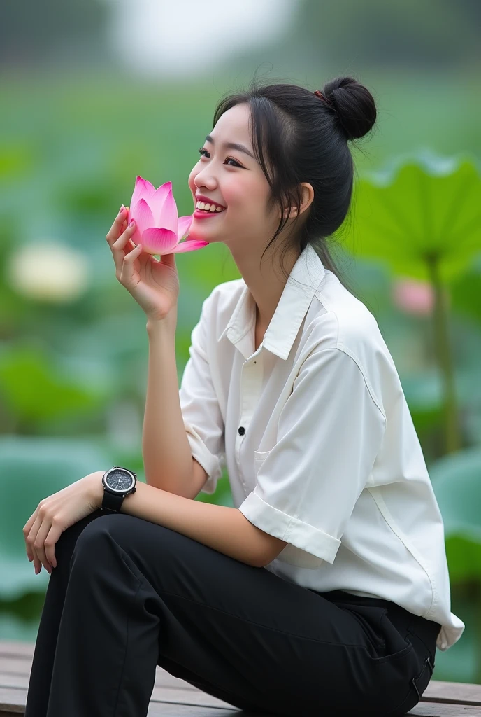 beautiful indonesian girl , berkulit white mulus, well-groomed face, Korean style black hair bun, ,kemeja white kotak-kotak hitam,black cargo pants, cool watch, 
,, pose staring,smile,sitting while holding a lotus flower,  in the middle of the bridge looks very long..,left right bridge lake very beautiful, there are red lotus flowers. Pink,,white, decorate the pool, The background is visible from a distance, the traditional cafes lined up on the edge of the lake are truly amazing.. Original photo ,Realistic 