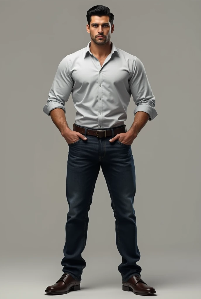 A masculine and muscular man. He has well groomed black hair and piercing blue eyes. He is in his late 20's or early 30s. He is dressed in a casual but sophisticated style.