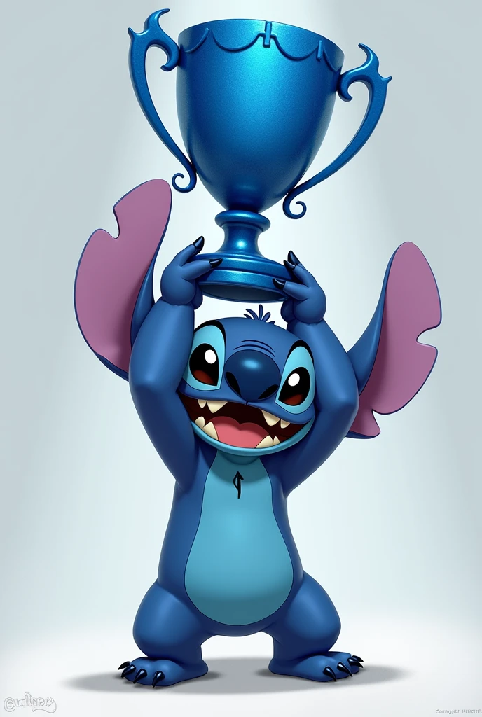 Stitch holding a blue painted trophy