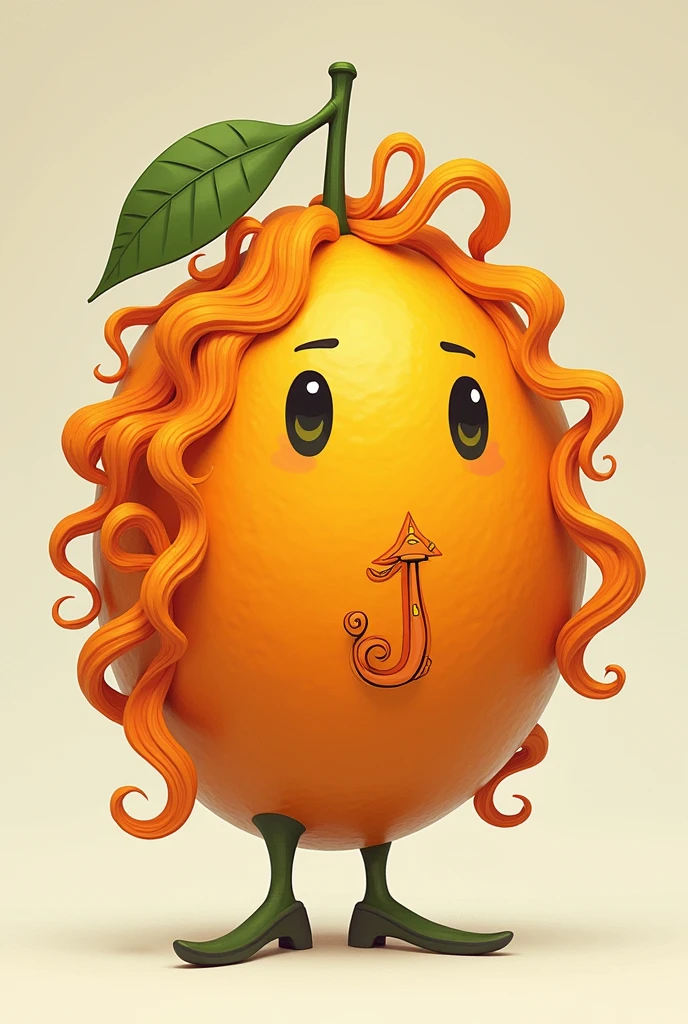 A fruit that is half an orange that has curly hair that has a letter c and a letter j for an icon