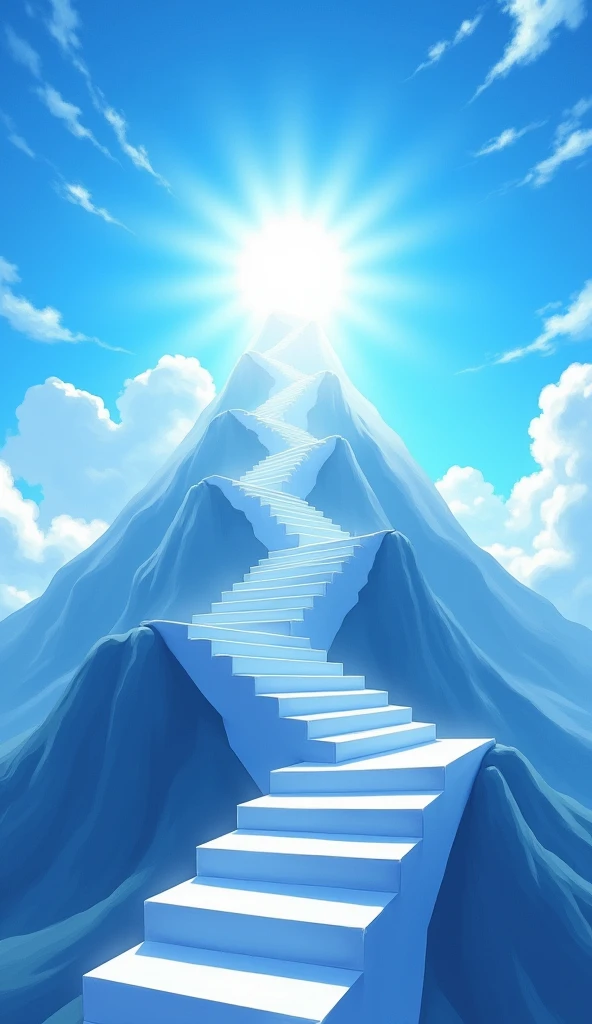 The image is a digital illustration of a staircase leading up to the top of a mountain. The staircase is made up of white steps that lead up to a bright light that is shining through the clouds. The sky is a deep blue with white clouds scattered throughout. The sun is shining brightly in the top right corner of the image, creating a ray of light that illuminates the scene. The clouds are white and fluffy, and the stairs are a light blue color. The image has a dreamy and ethereal quality to it.