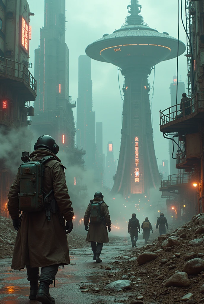 -A tense sci-fi movie scene set on a desolate planet, featuring towering alien architecture, flickering neon lights, and a group of human explorers. Atmospheric lighting, detailed textures, and hyper-realistic rendering bring the scene to life, while a sense of danger and tension permeates every frame. , cinematic movie by Andrei Tarkovsky , Janusz KamiÅski, A UFO parked in a junkyard Aerial View of panoramic distopic city, laser beam, steam punk, drones, laser sword, metal, steel, sky line, britge, gate, soldier, street, army, rebelion, resistence, hologram, graffiti, rusty metal, space ship, mega structure, gang, animals, oxygen Mask, ,oxygen tank with palnt in side, Wearing scrap clothes, metal gears, sniper, weapons, spikes, leather trench coat, pipes apparent, Apparent installations, machine scrap exposed mechanic cabling, a screenshot inspired by Mad Max, Neon Ligth, Trash, Garbage, Blade Runner, robotic scrap, android scrap, cyborg scrap, tumblr, dau-al-set, wearing apocalyptic clothes, ornate cyberpunk robes, chains, debris, smog, Vehicule Scrap from Mad Max, dressed as an oracle, tattered robes, intricate costume design, cyberpunk fashion clothing, still from a fantasy movie, post apocalyptic attire, mechanic exposed, cables, scrap, sky line of ruins, vehicule military.