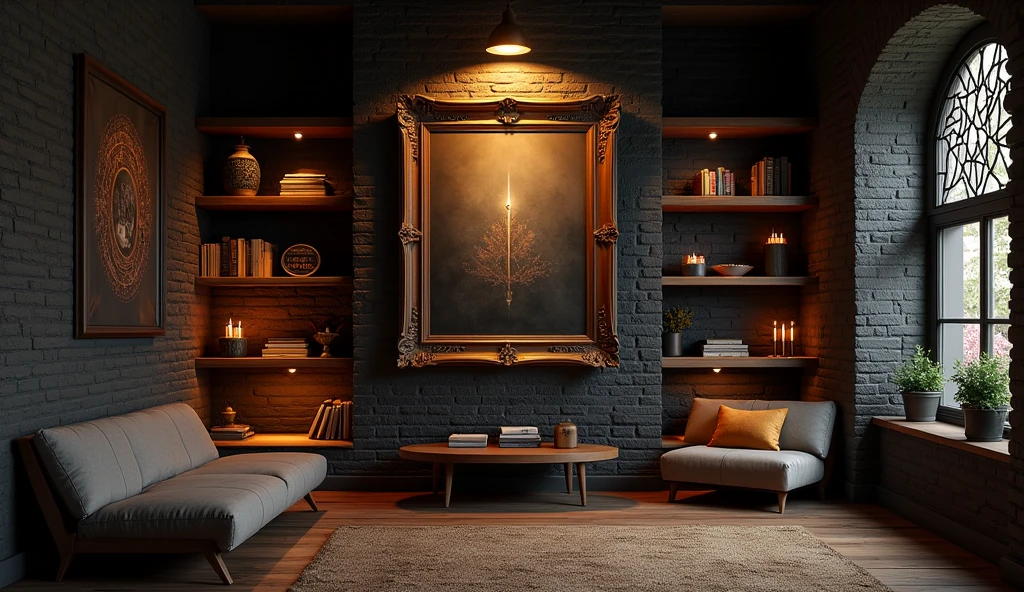 a room with black brick walls, warm ambient lighting and wooden floor. shelving on the wall with a huge photo as a centre piece with a beautiful frame, and ancient symbols of good