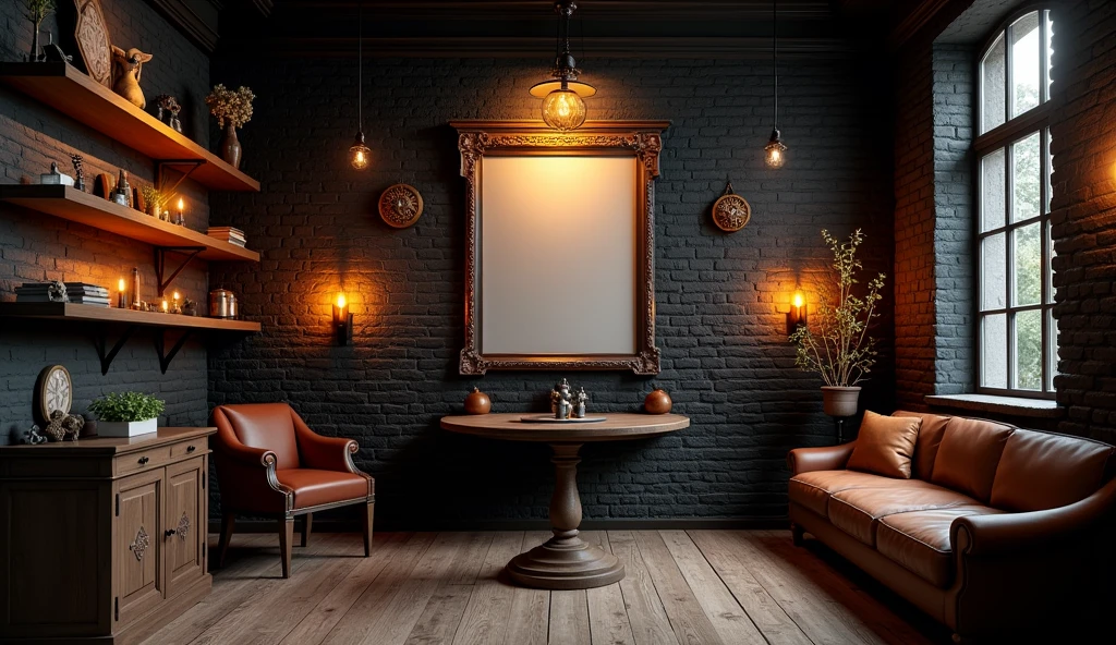 a room with black brick walls, warm ambient lighting and wooden floor. shelving on the wall with a huge photo as a centre piece with a beautiful frame, and ancient symbols of good 