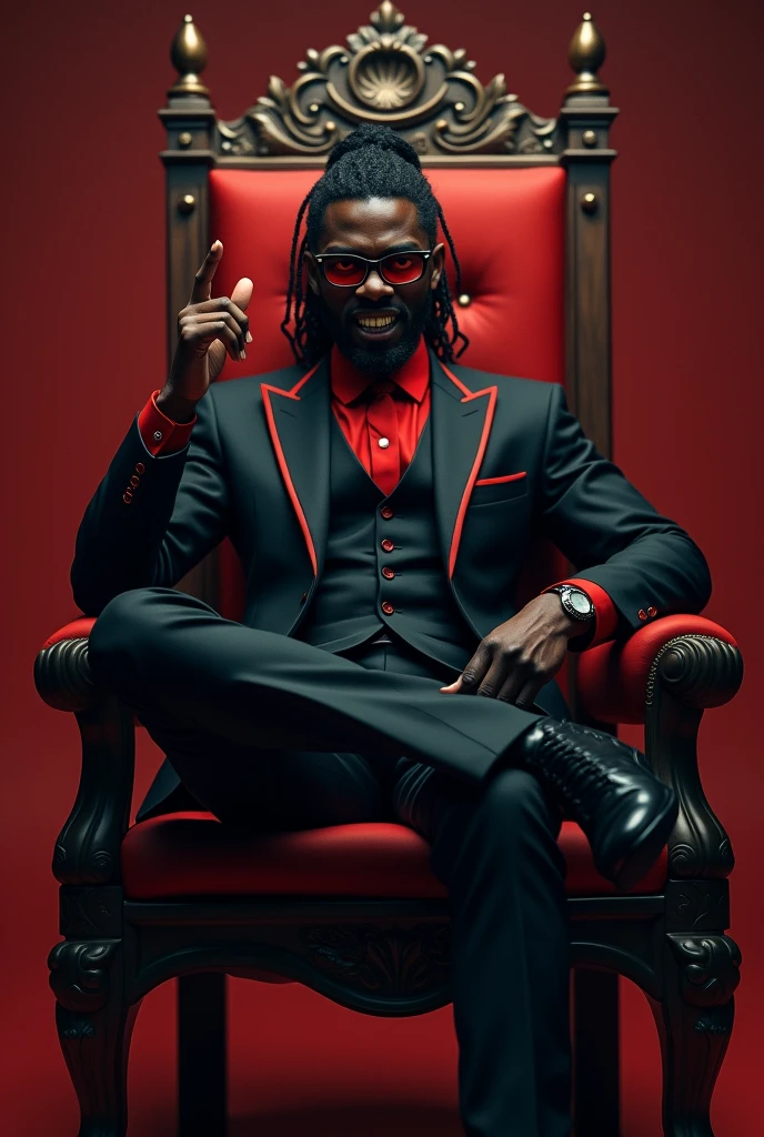 tall black man. 1 meter and 90 with curly hair with braids and ponytail and with a black suit with red details on the suit, an evil smile with vampire fangs showing and large appearing, he is wearing black glasses with red lenses, he will be on a throne with his leg crossed with one hand making the symbol of connection. 
