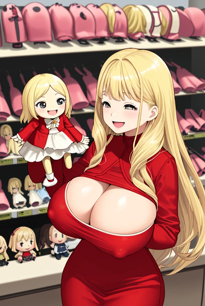 1 female, age girl, red long sleeve dress, blonde long hair, rosa cheeks, doll store, playing a dolls, happy face, huge breast