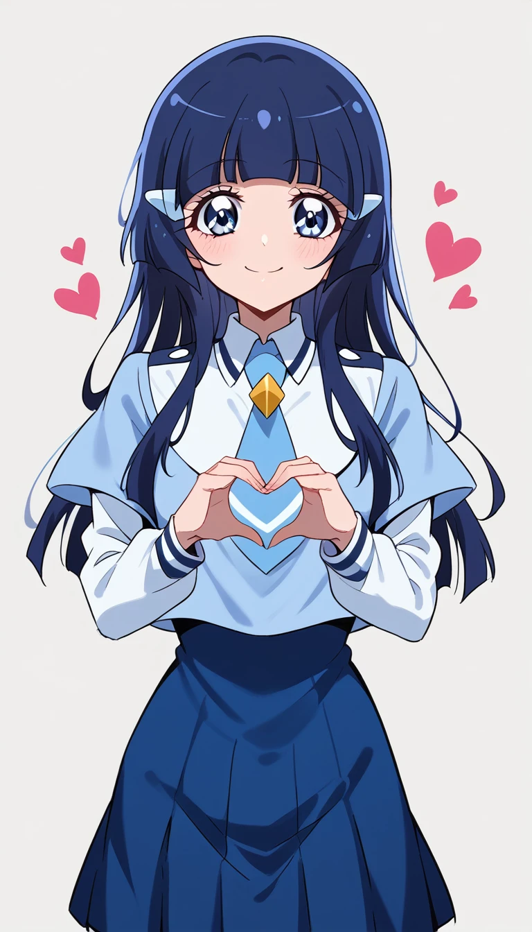 Score 9, Score 8 up, Score 7 up, The evaluation is questionable,
Detailed Background, Glowing Skin,Reika Aoki, straight long blue hair, blunt bangs, Blue eyes, nanairogaoka middle school uniform, blue necktie, long sleeves, blue top,whole body,girl, Grab your chest, smile, Cleavage, Heart with hands placed in front of chest, Browsing Caution