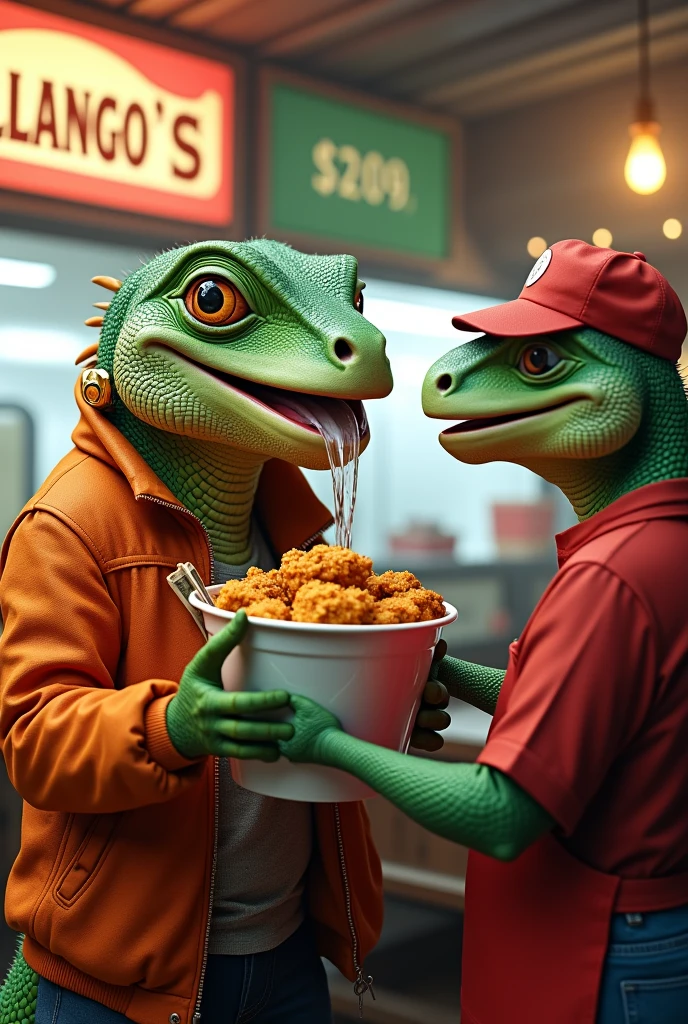A realistic lizard with an earring and an orange jacket buying a bucket of fried chicken smoking at the diner named CALANGO'S, with lots of money in hand and with water in the mouth . The seller is a realistic lizard with a red apron and cap