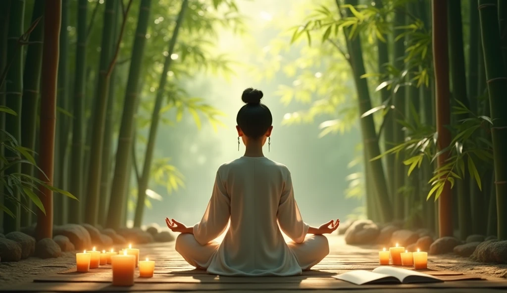 An Asian person sitting in the lotus position in a bamboo grove. Lit candles form a circle around her, and a calligraphy book is open beside him. A luz do sol atravessa as folhas, creating soft shadows.