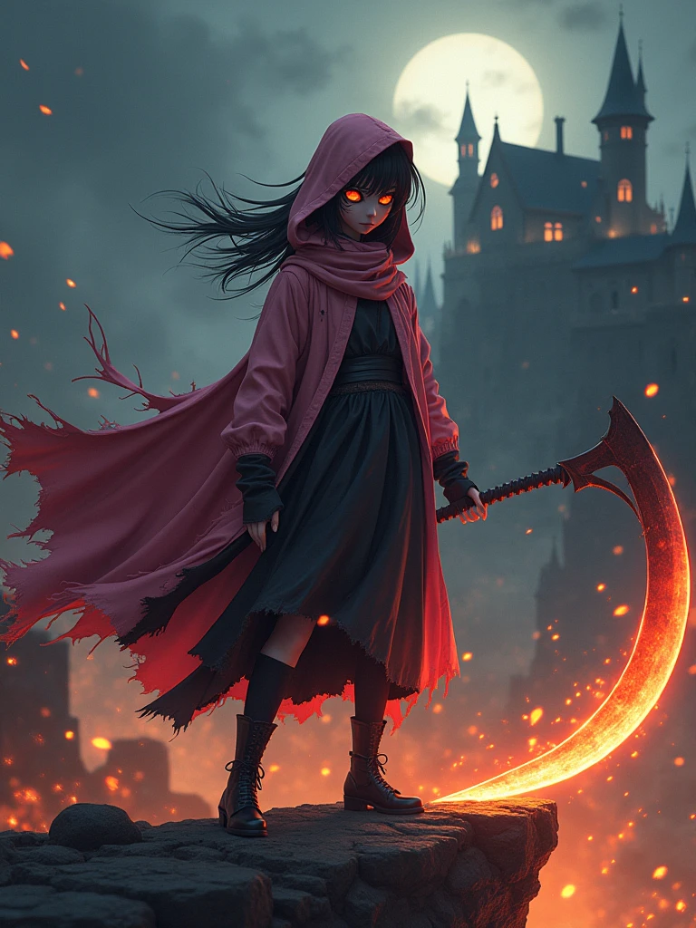 ((CG anime)) girl overcoat torn pink shredded hood dark murderous face big orange eyes, surrounded by flames on cliff edge next to haunted castle, high contrast, sharp focus, high quality, best quality, wind blowing spreading the translucent cms holding the sharp scythe of death. (((More detail, high detailed)) enchanted., by Jacob Lawrence and Francis picabia, perfect composition, beautiful detailed intricate insanely detailed octane render trending on artstation, 8 k artistic photography, photorealistic concept art, soft natural volumetric cinematic perfect light, chiaroscuro, award - winning photograph, masterpiece, oil on canvas, raphael, caravaggio, greg rutkowski, beeple, beksinski, giger

