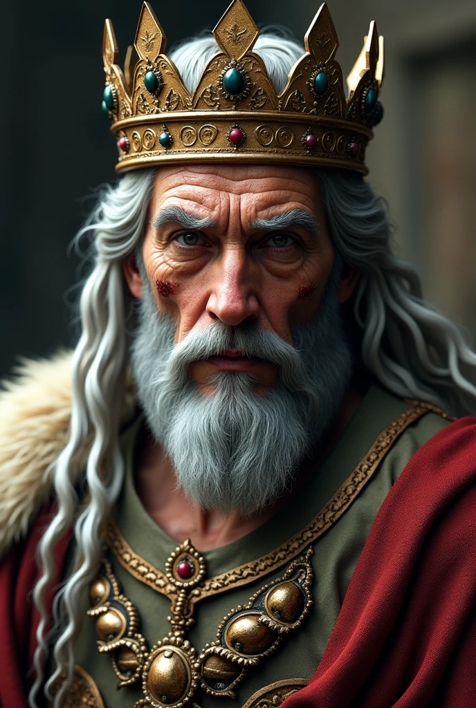 4 man crown, rey, wearing noble clothes with a crown , scars on the face highlighted, light gray hair , bonitas, rectangular face and expression of a beardless tyrant