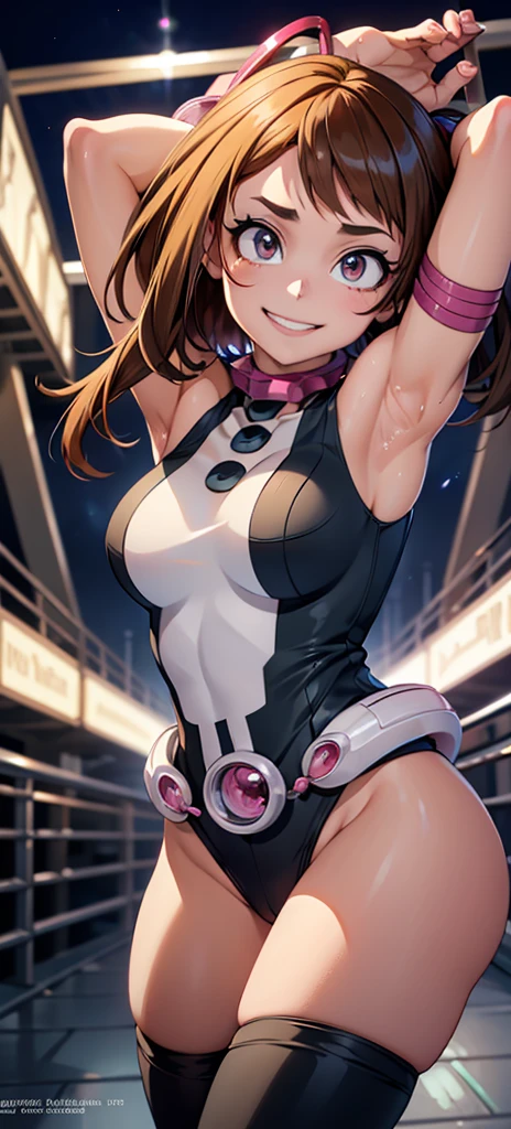 Best Quality,4k,high resolution,Masterpiece:1.2), (ultra detailed), (Ochacho Uraraka) (My hero academia Settings), (pose sexual), (realist,photorealist,photo-realist:1.37), (HDR,HD), (portrait), (vivid colors), detailed eyes), (beautiful detailed lips), (extremely detailed eyes and face), bright eyes Dynamic angle and posture, soaked in sweat, perspiration, undressing (long eyelashes), (sharp focus), smiling , (motion blur), (elegant), (slim figure), (anime inspired), (bright lights), (sexual), (contrasting colors), (mysterious atmosphere), (action packed scene), (Unique style), ) ((Best Quality)),((Very detailed)),Masterpiece,absurdities,detailed face,beautiful face,(detailed eyes, deep eyes),(1 girl),((dynamic pose)), showing armpits and pussy half naked. (((smiling)))