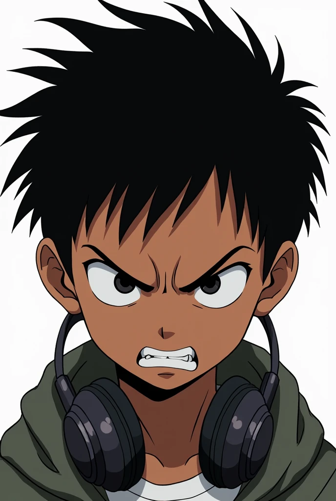boy, just head and shoulders, anime style, dark brown skin, hair combed to the side, shaved bottom, black eyes, jacket, wireless headphones, angry, white background