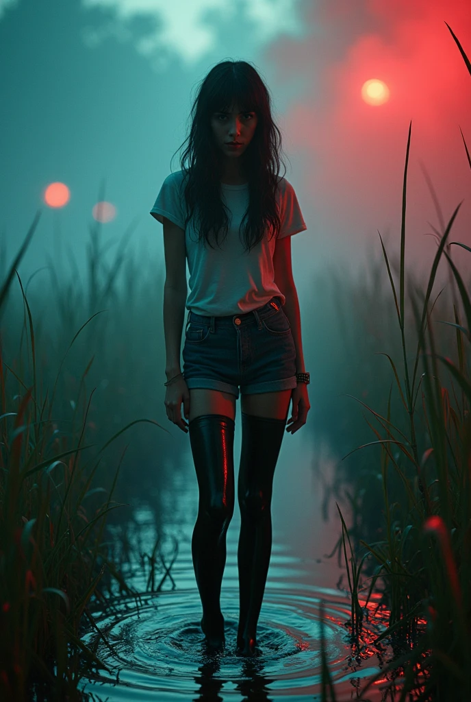girl in (shiny black rubber stockings, depraved and fetishistic) and denim shorts and t-shirt stuck in the swamp, Red fog, blue-green mist