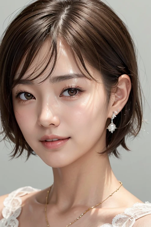 (((masterpiece))), ((photo realistic:1.3)), Japanese girl,, no make up, thin eyebrows, (broad jawline,puffy face), short bob cut , light brown hair, ((messy hair)), earrings, necklace, Frowning, (laugh out loud:1.3), extreme close up , Lace tiered dress