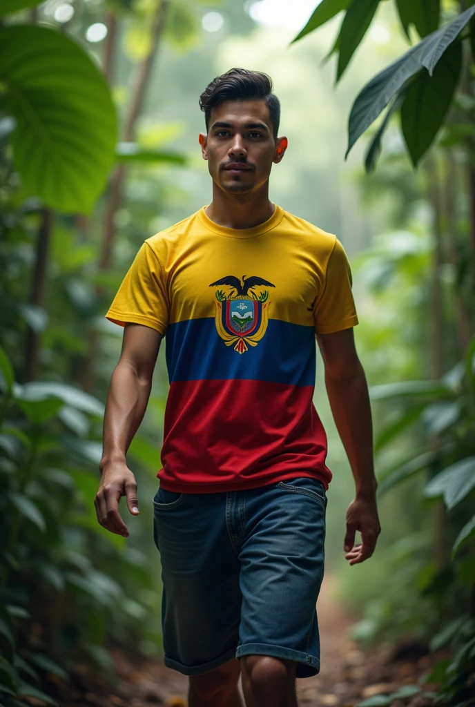 A young man from the university with a good physique and a small mole on his face near his lip that was not so attractive and with military knowledge walking .
and the flag of Ecuador in the middle of his shirt and an Amazon jungle in the background