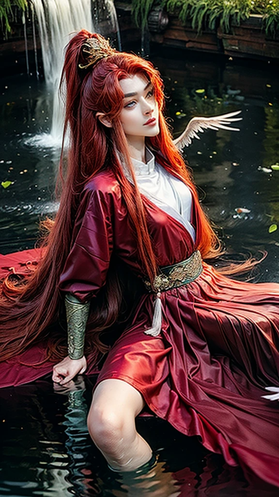 garden,Small bridge and flowing water,red phoenix woman,Flowing long red hair,Eichhornia,Present beauty,Elegant,Large Breasts,Present beauty的身材,Wearing a red phoenix costume,Sitting on the board,Solo Phoenix Guzheng.High resolution, masterpiece, best quality, high detail, Ultra high quality,