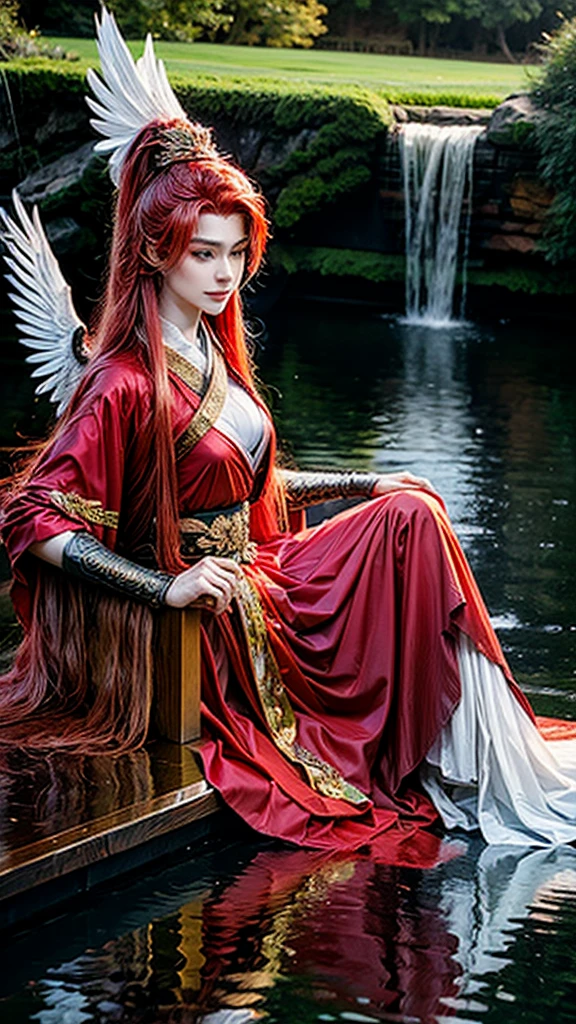 garden,Small bridge and flowing water,red phoenix woman,Flowing long red hair,Eichhornia,Present beauty,Elegant,Large Breasts,Present beauty的身材,Wearing a red phoenix costume,Sitting on the board,Solo Phoenix Guzheng.High resolution, masterpiece, best quality, high detail, Ultra high quality,