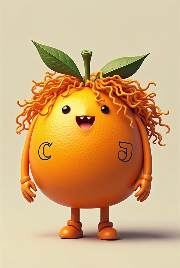 A fruit that is half an orange that has curly hair that has a letter c and a letter j for an icon
