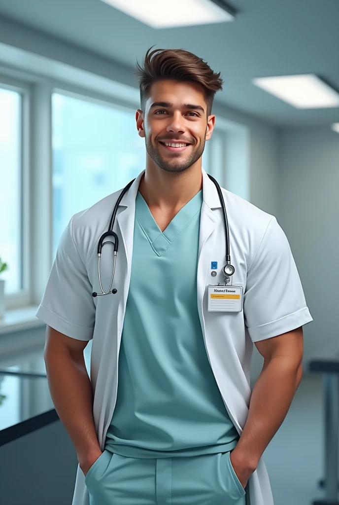 A handsome 2 young man. Athletic and tall. With veterinary outfit. veterinarian