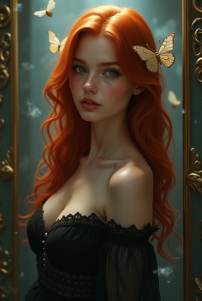 (solo, full body photo:1.3), (action packed:1.3), (haze, fog, mist:1.3), chiaroscuro, best quality, photorealistic, 1woman, (cute), (24yo:1.2), redhead, long ginger hair highly detailed, 1700'S, digital photography, art by artgerm and ruan jia and greg rutkowski surreal painting gold butterfly filigree, broken glass, (masterpiece, sidelighting, finely detailed Fashionable eyes: 1.2) (perfect oval large eyes that gazes at the viewer), beautiful detailed face, blue gorgeous perfect eyes, (blonde hair ponytail), (attractive young woman:1.3), (thick amazing hair), (seductive:1.1), (blushing:1.1)