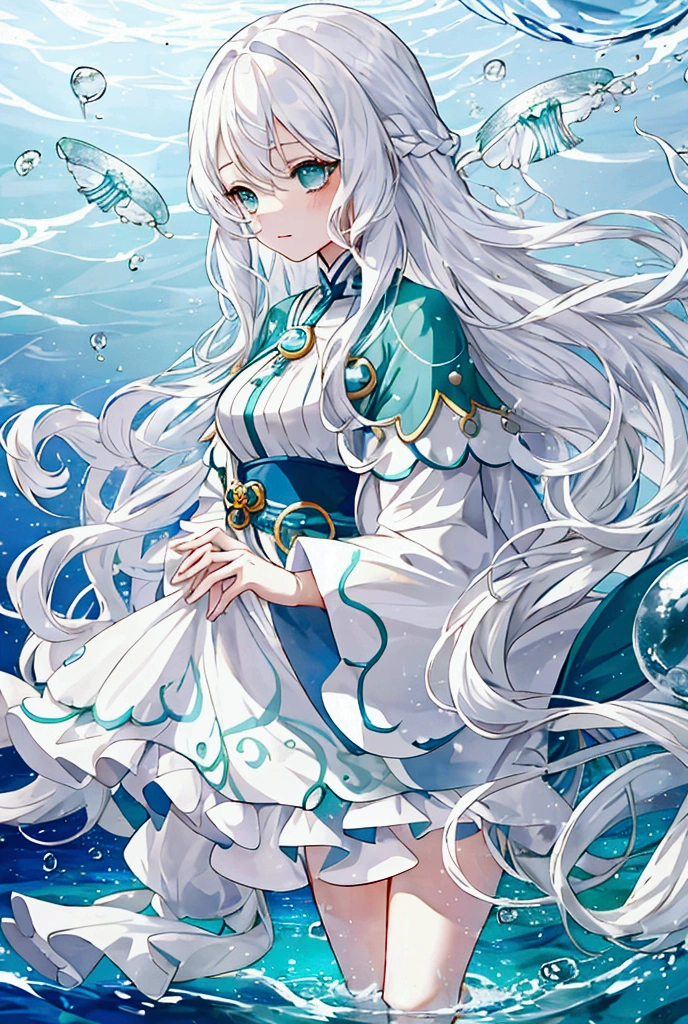 White Hair、Wavy Hair、Long Hair、Blue-green eyes、Cute clothes、Water Drop、In the water、jellyfish