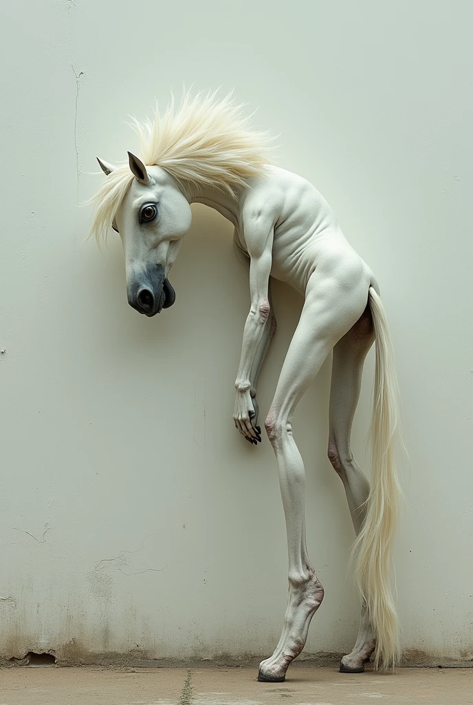 A super skinny white horse-headed human with big messy hair kissing a wall