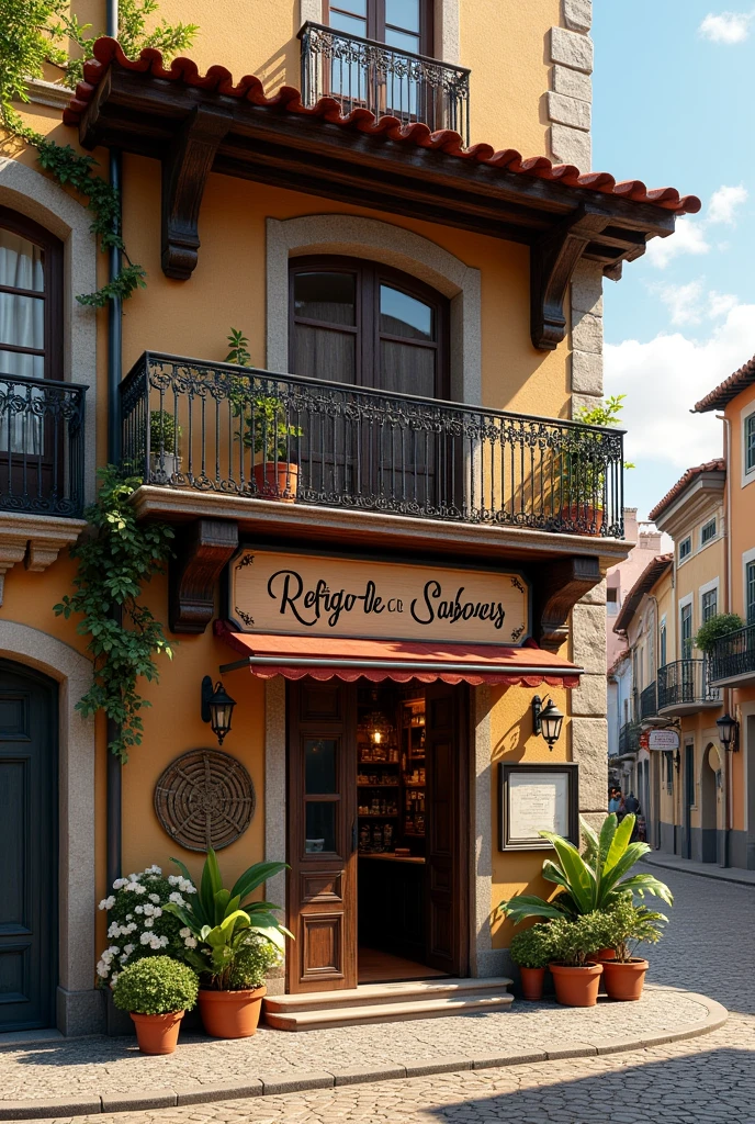 Facade of a restaurant with the name " Refuge of Flavors" , with the name in Portuguese. More rustic without silver