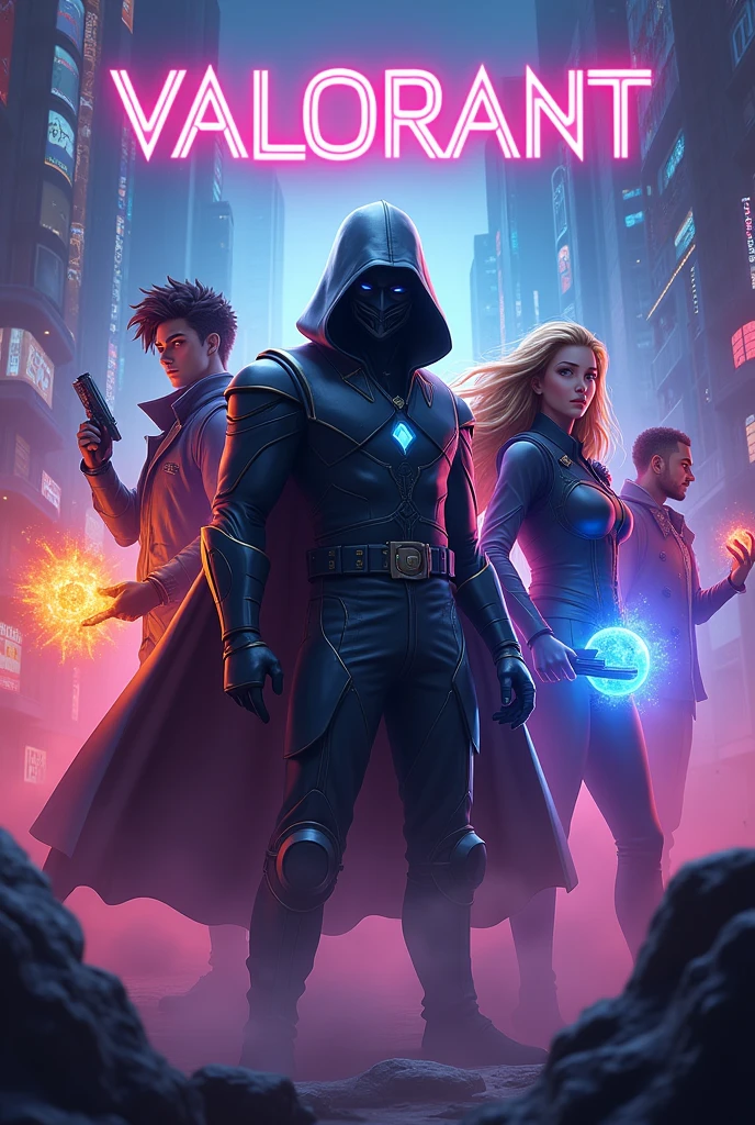 A vibrant and eye-catching thumbnail for a "Valorant" YouTube live stream, featuring popular agents from the game. At the center of the thumbnail is Omen, the mysterious and shadowy agent, with his iconic mask and dark cloak. He is surrounded by a dramatic mist, emphasizing his stealthy nature. Flanking Omen on either side are other popular Valorant agents, such as Jett with her sharp blades and wind-swept hair, Phoenix with his fiery abilities glowing in his hand, and Sage with a glowing healing orb. The background showcases a mix of futuristic cityscapes and neon-lit arenas, adding a sense of action and intensity. The "Valorant" logo is prominently displayed at the top of the thumbnail in bold, eye-catching text. The overall composition is dynamic and colorful, capturing the high-energy and tactical gameplay of Valorant, enticing viewers to join the live stream.