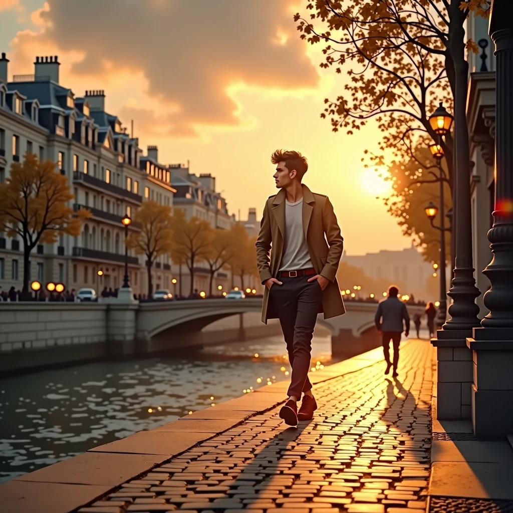 "Compose a vivid and enchanting scene depicting a young man strolling along the charming streets of Paris, bathed in the warm glow of the setting sun. Capture the essence of the moment as he walks near the banks of the serene Seine River, amidst the backdrop of iconic Parisian architecture. Explore the details of his appearance, the fashion he wears, and the atmosphere of the romantic city that surrounds him. Engage the reader's senses to transport them into this alluring scene, evoking the sights, sounds, and emotions of a picturesque Parisian morning."